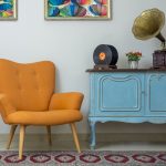 Vintage,Interior,Of,Retro,Orange,Armchair,,Vintage,Wooden,Light,Blue